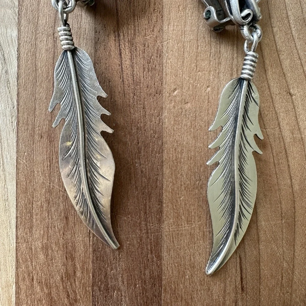 VTG Navajo George Begay‎ Clip Earrings 2.75 Inch Blossom Feather Sterling 11.2g